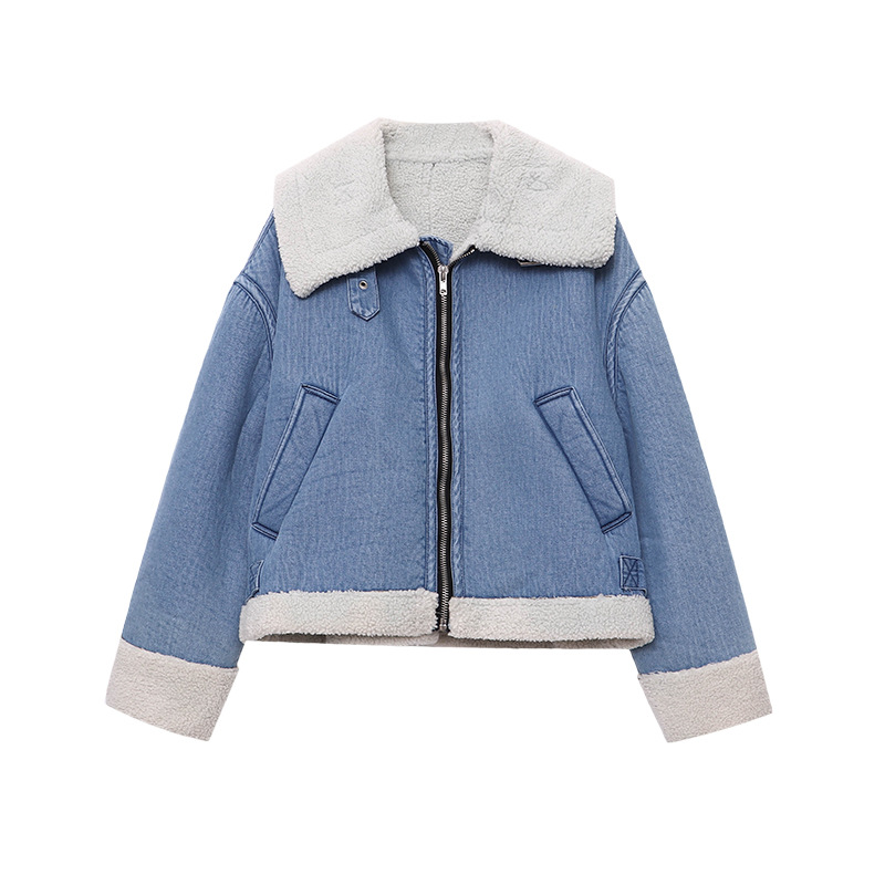 Street Style Warm Faux Shearling Fur-and-Leather Reversible Lapel Denim Jacket - Image 5