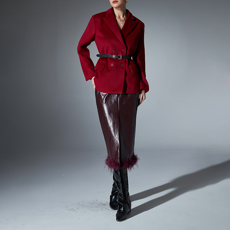 Pure Wine Red Wool Suit Jacket for Women - Image 4