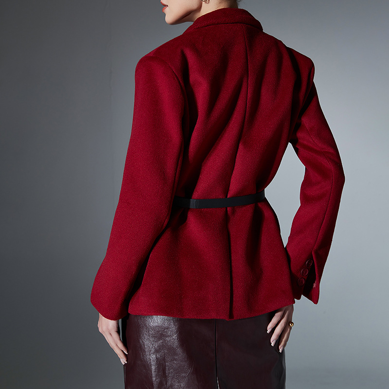 Pure Wine Red Wool Suit Jacket for Women - Image 5