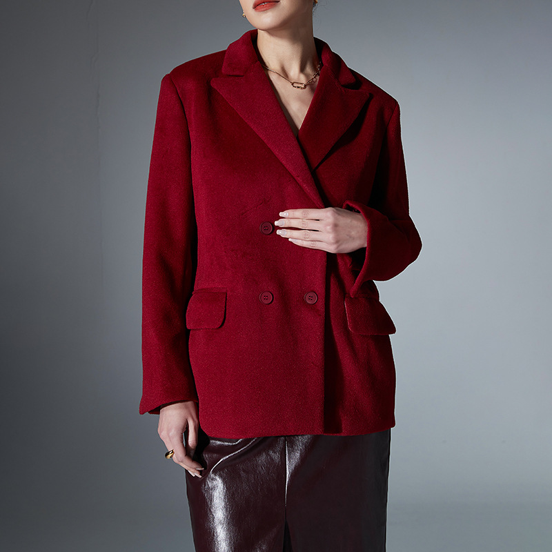 Pure Wine Red Wool Suit Jacket for Women - Image 3