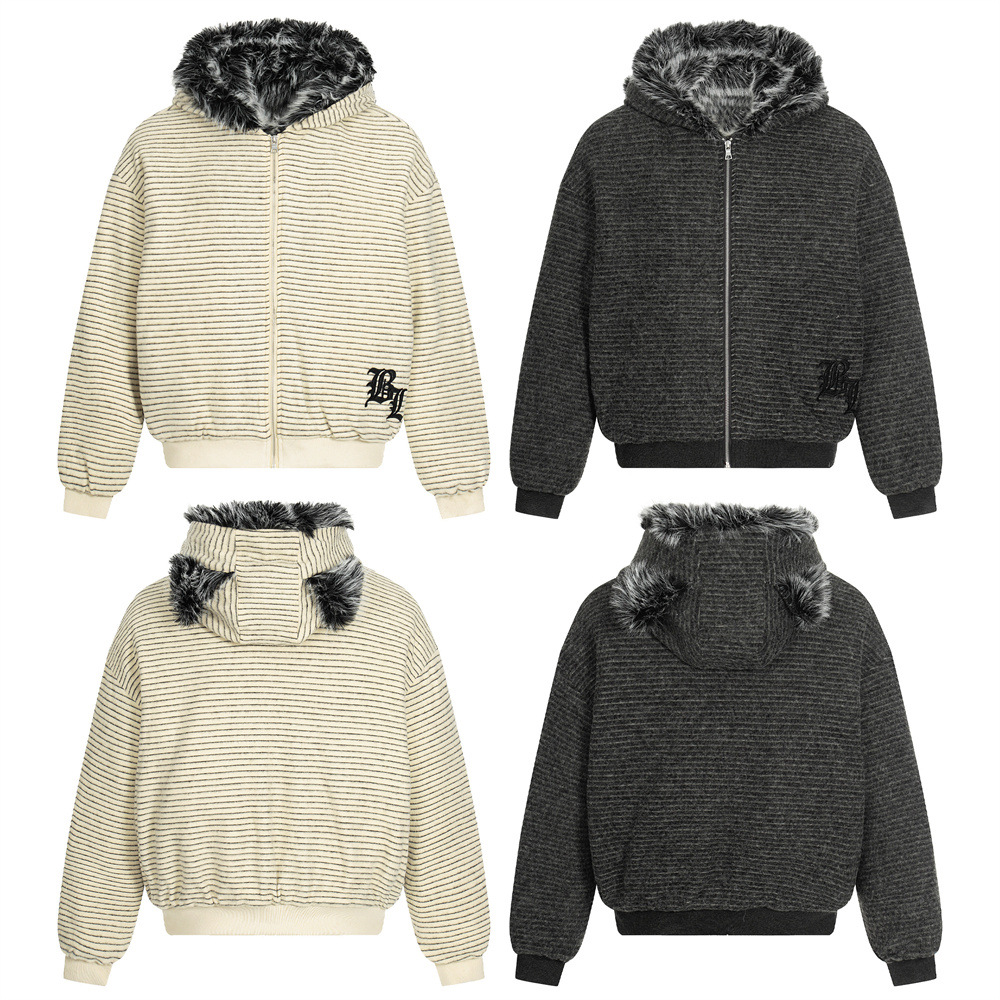 Retro Men's Cotton Coat with Hood, Stripe Print, Casual Stylish Loose Outerwear Jacket - Image 3