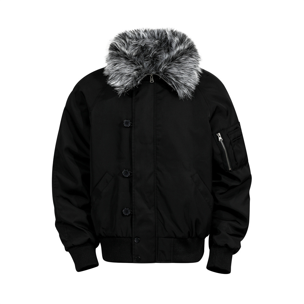 Street Style Men's Cotton Coat with Fur Collar, Multi-Pocket Design, Trendy Brand, Loose Fit, Versatile Outerwear Top