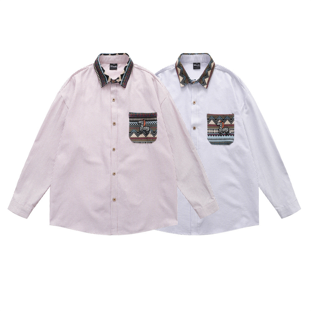 Retro Men's Shirt, Turn-down Collar, Embroidered Plaid, Long Sleeve, Casual Loose Fit, Versatile Men's Dress Shirt - Image 3