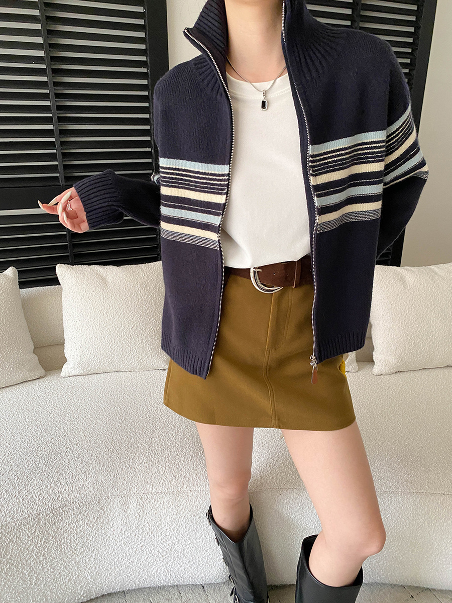Fashionable Casual Stripe Color-block Knit Cardigan Sweater with Double Zipper Design - Image 5