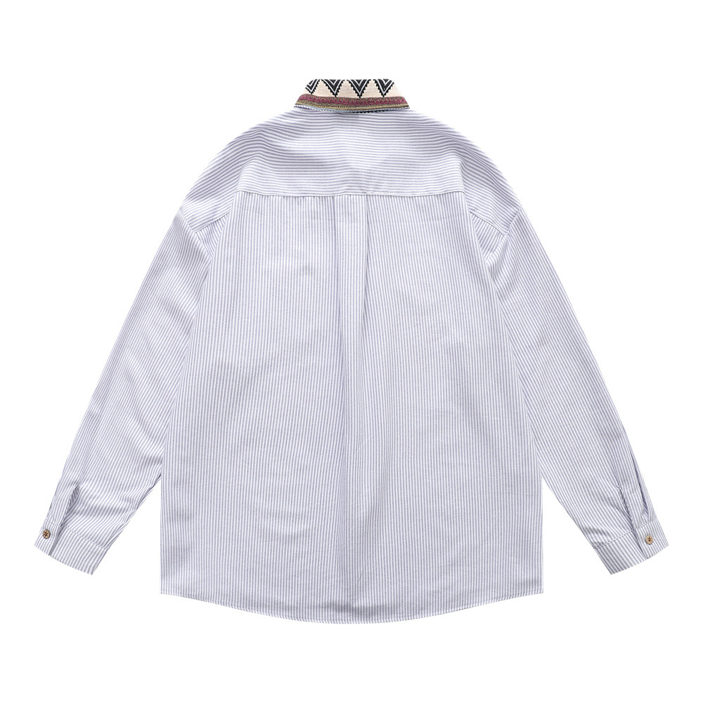 Retro Men's Shirt, Turn-down Collar, Embroidered Plaid, Long Sleeve, Casual Loose Fit, Versatile Men's Dress Shirt - Image 2